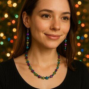 Handcrafted Beaded Choker Baubles And Stars 15" With 2" Extender